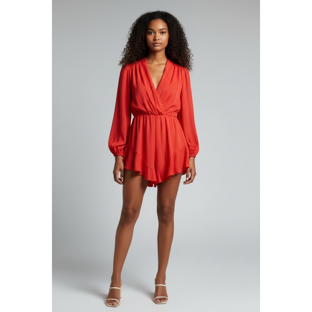 Elliatt Red Long Sleeve V-Neck Ruffle Hem Romper Size‎ Small